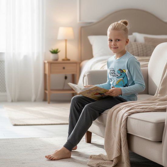 Pyjama Garçon - Ensemble Pyjama - Katoen - Blauw / Gris - Dino Back to École - 4028 - 5-6 ans