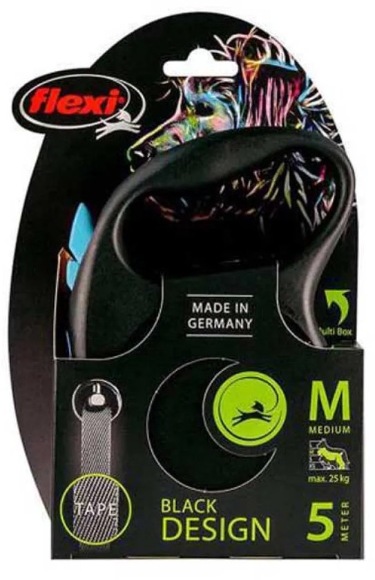 Verpakking van Flexi rolriem 'Black Design', maat M, 5 meter. Zwart met neonkleurige hondenkop.