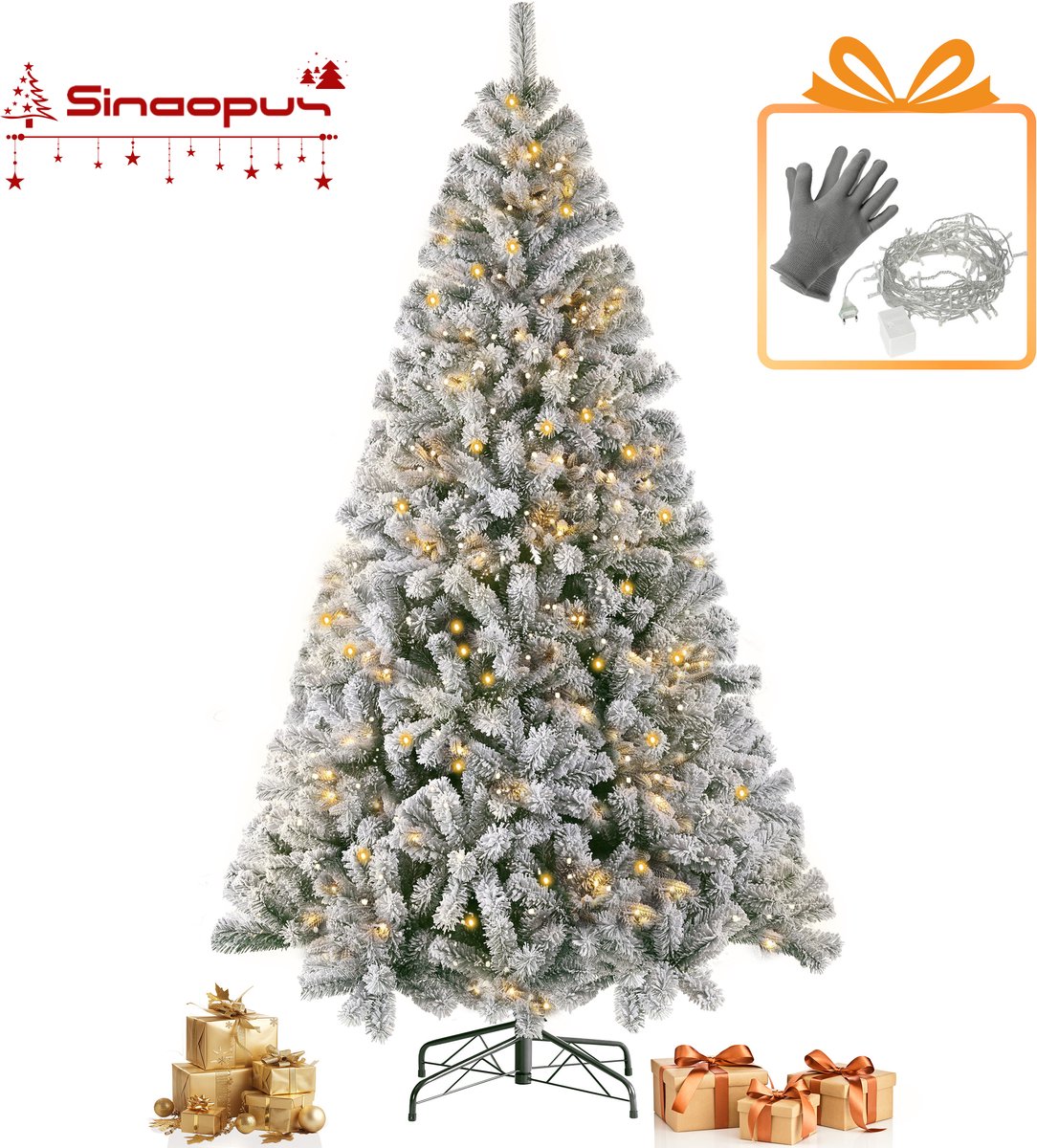 【Vroege Kerstdeals】Sinaopus Kunstkerstboom 215 cm – Met sneeuw - Frosted Kingdom - Met verlichting (Gratis lichtsnoer) – 1381 takken – PVC milieuvriendelijk materiaal – Metalen standaard – Snel opzetten – Opvouwbare takken – Besneeuwde top
