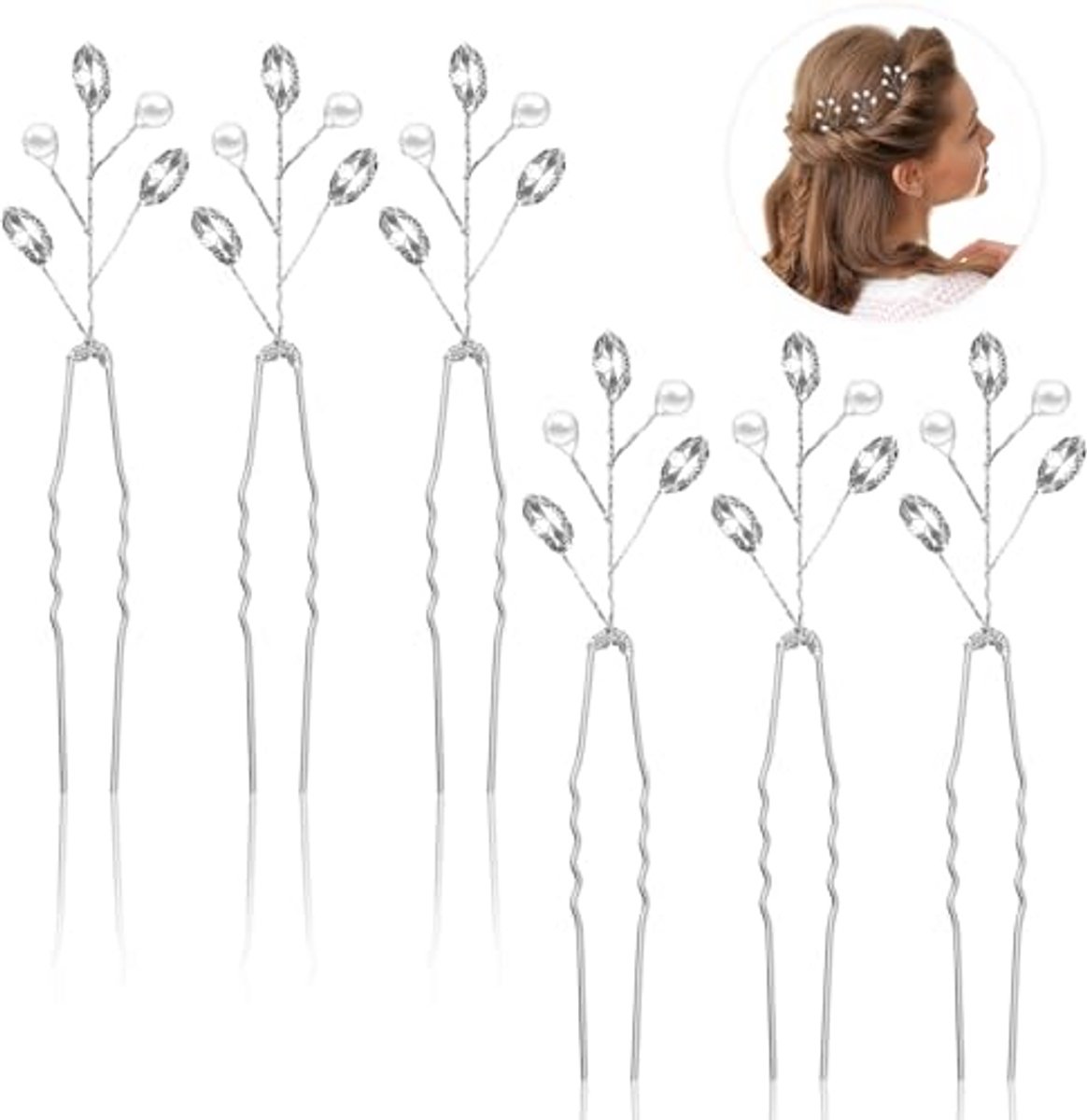 Zilveren Bruiloft Haarspelden Set van 6 - Strass, Parels en Kristallen Haaraccessoires