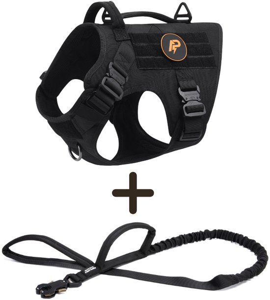 Harnais anti-traction pour chien noir avec sangles et boucles réglables, plus une laisse élastique. Comporte un logo orange.