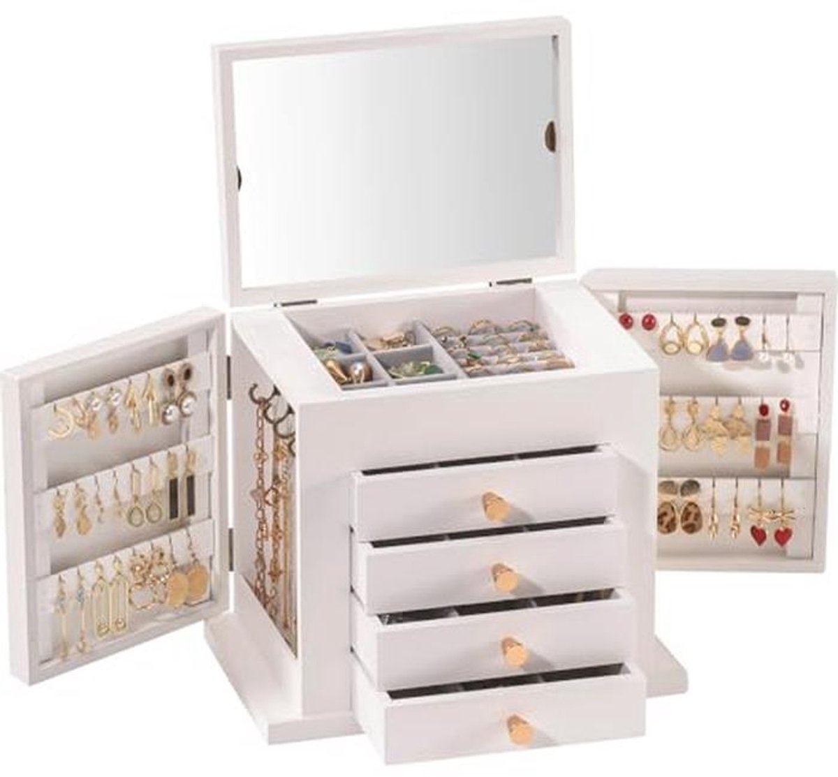 Houten Sieradenbox - 5 Laags Organisator voor Sieraden met Spiegel - Perfect voor Oorbellen, Armbanden en Kettingen