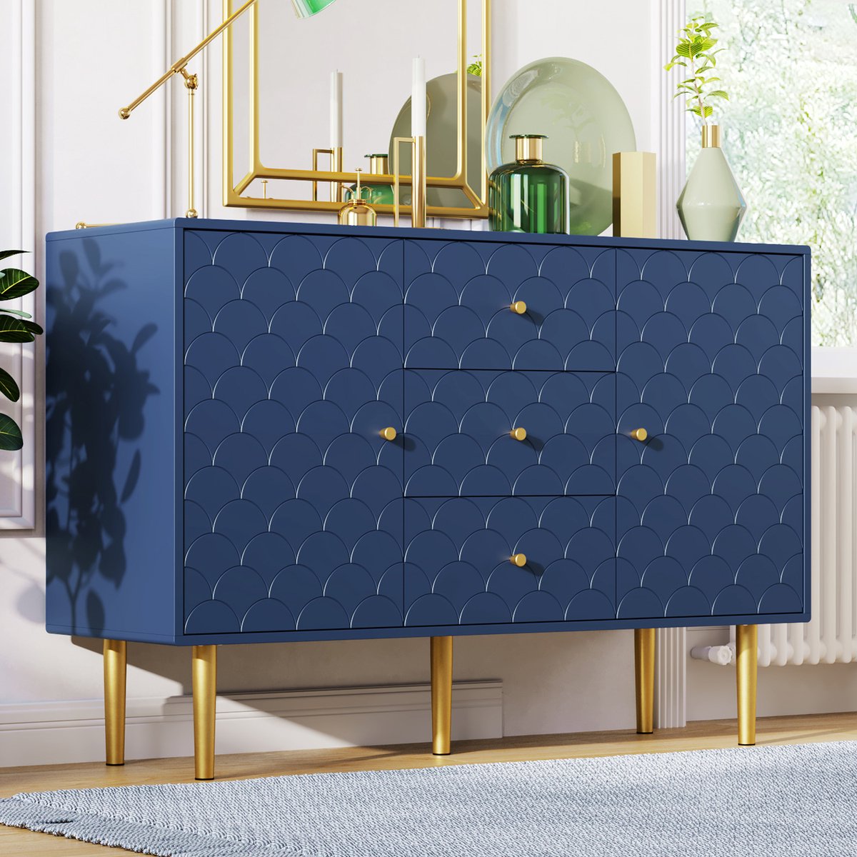 REDOM Commode Sideboard 120x40x83 cm Marineblauw – 2 deuren, 3 lades, verstelbare plank, champagne metalen poten Navy Blue