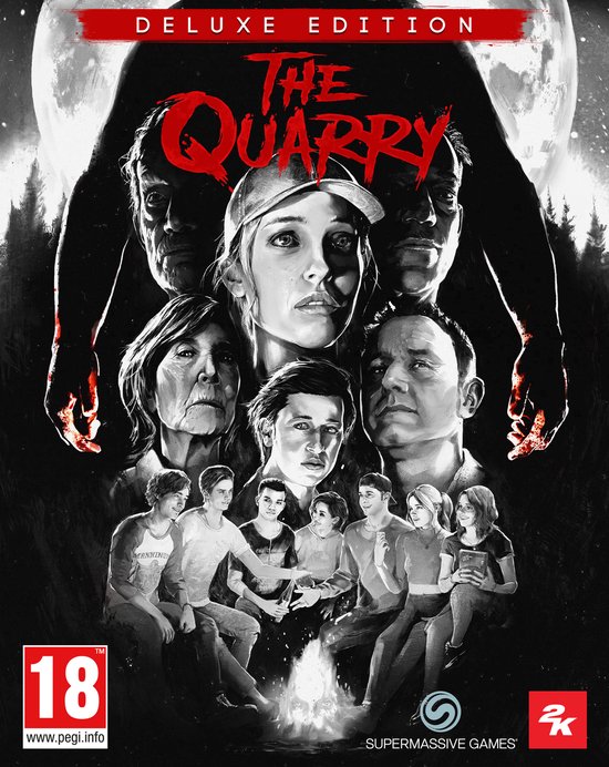 Deluxe Editie van The Quarry met een groep jongeren rond een kampvuur, onder een dreigende gestalte.