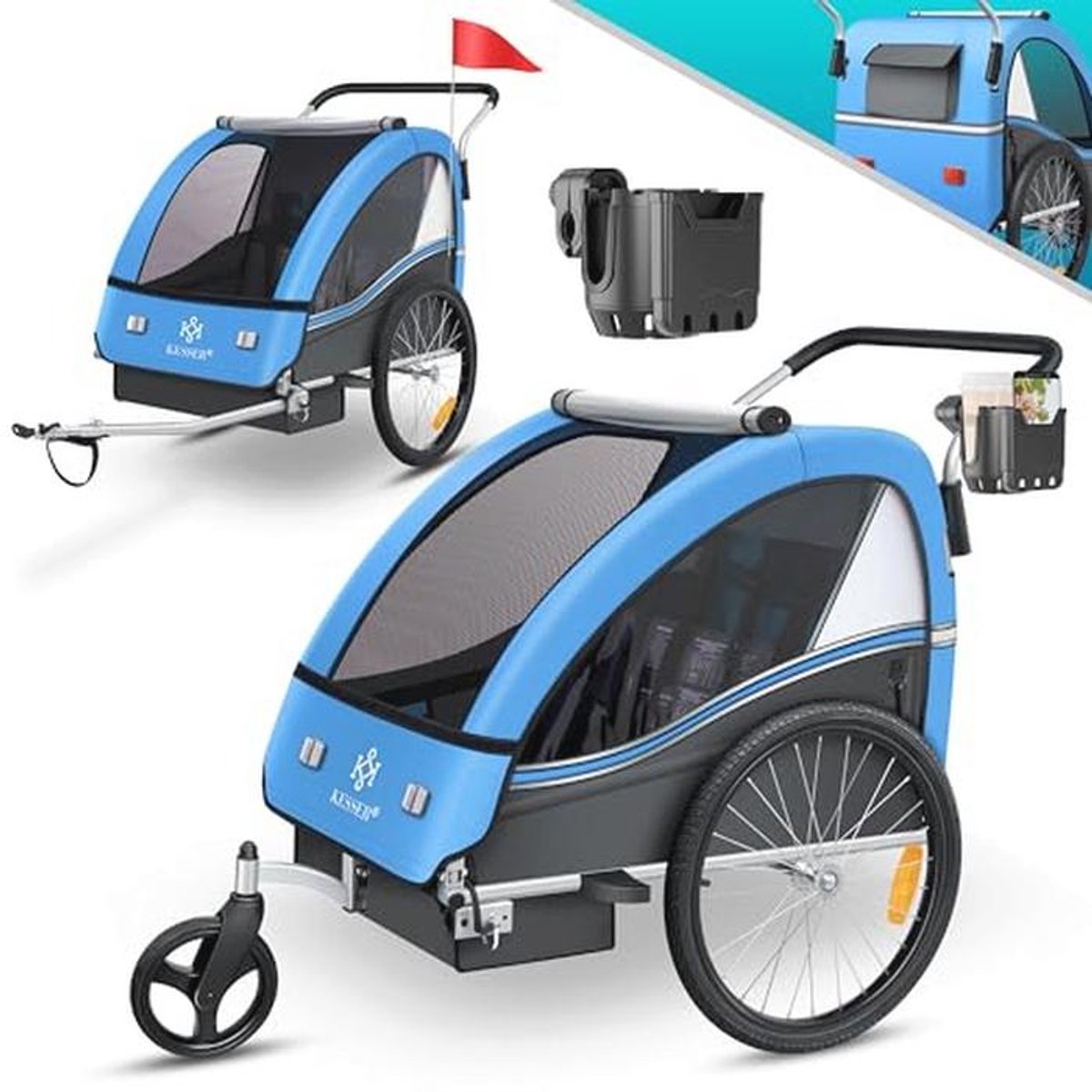 Kinderfietskar 2-in-1 voor 1-2 kinderen tot 40 kg | Veiligheidsgordel, Draaibaar Voorwiel, Jogger | Blauw