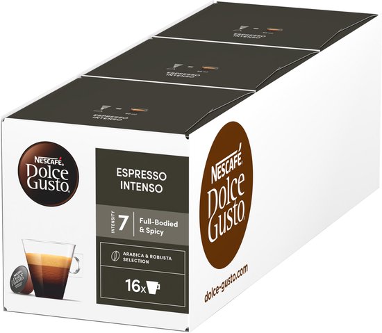 Nescafé Dolce Gusto Espresso Intenso doos. Intense smaak, vol en pittig, 16 cups.