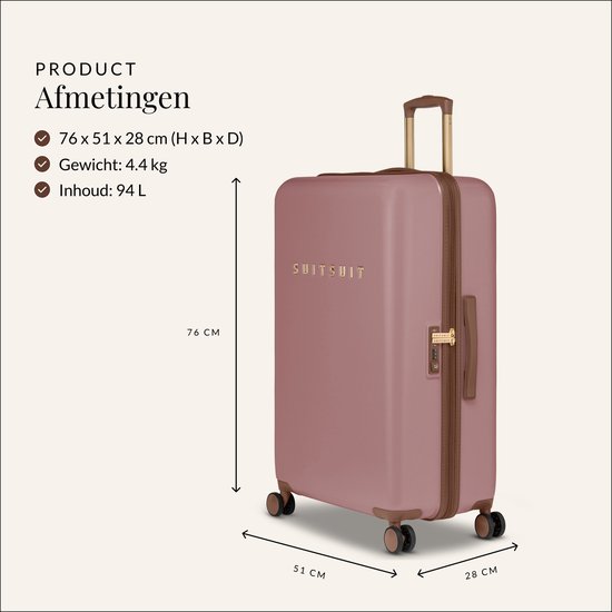 Afmetingen van de roze SUITSUIT grote koffer: 76x51x28cm, inhoud 94L.