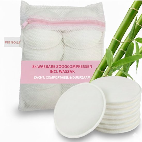 Fienosa Wasbare Zoogcompressen - 8 Duurzame zoogcompressen - 8 Stuks - inclusief Was en Bewaar zakje - Heerlijk Zacht - Duurzaam Bamboe