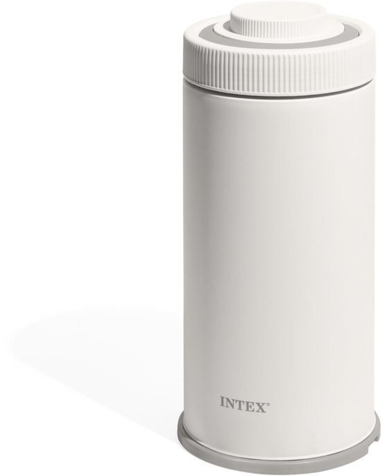 Witte Intex filterpomp met grijze basis en dop.