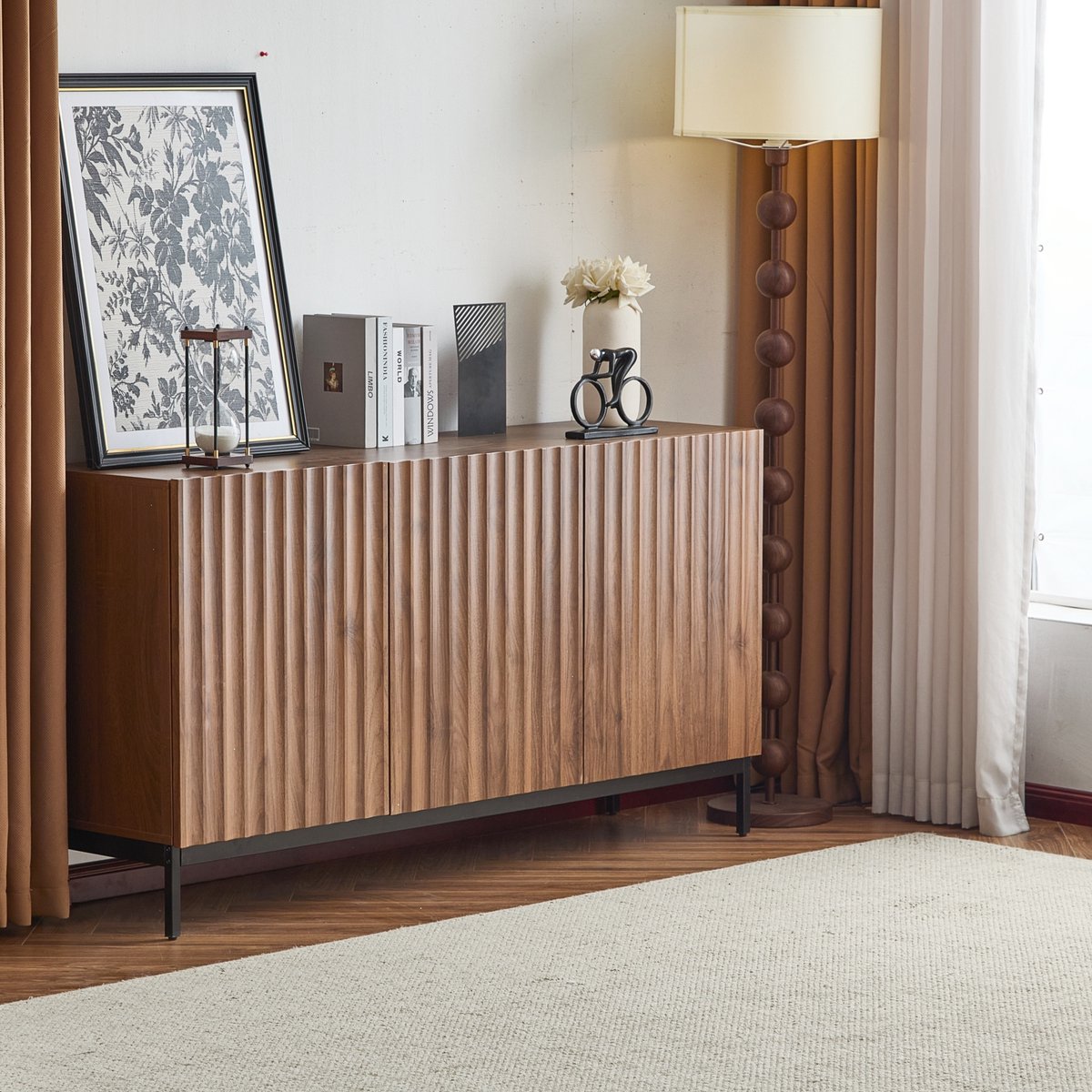 Wishdor Dressoir Met 3 Deuren - 3D Golvend Front - Verstelbare Planken - Anti-Kantelbeveiliging - MDF - Donkerbruin - 150 X 40 X 80 Cm Natural