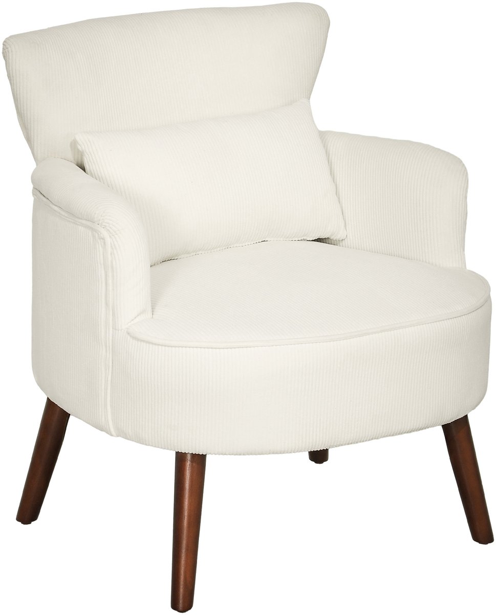 HOMCOM Fauteuil met rugleuning, afgeronde armleuningen, gestoffeerde loungestoel met koordlook, houten poten, voor slaapkamer, woonkamer, tot 120 kg, crèmewit