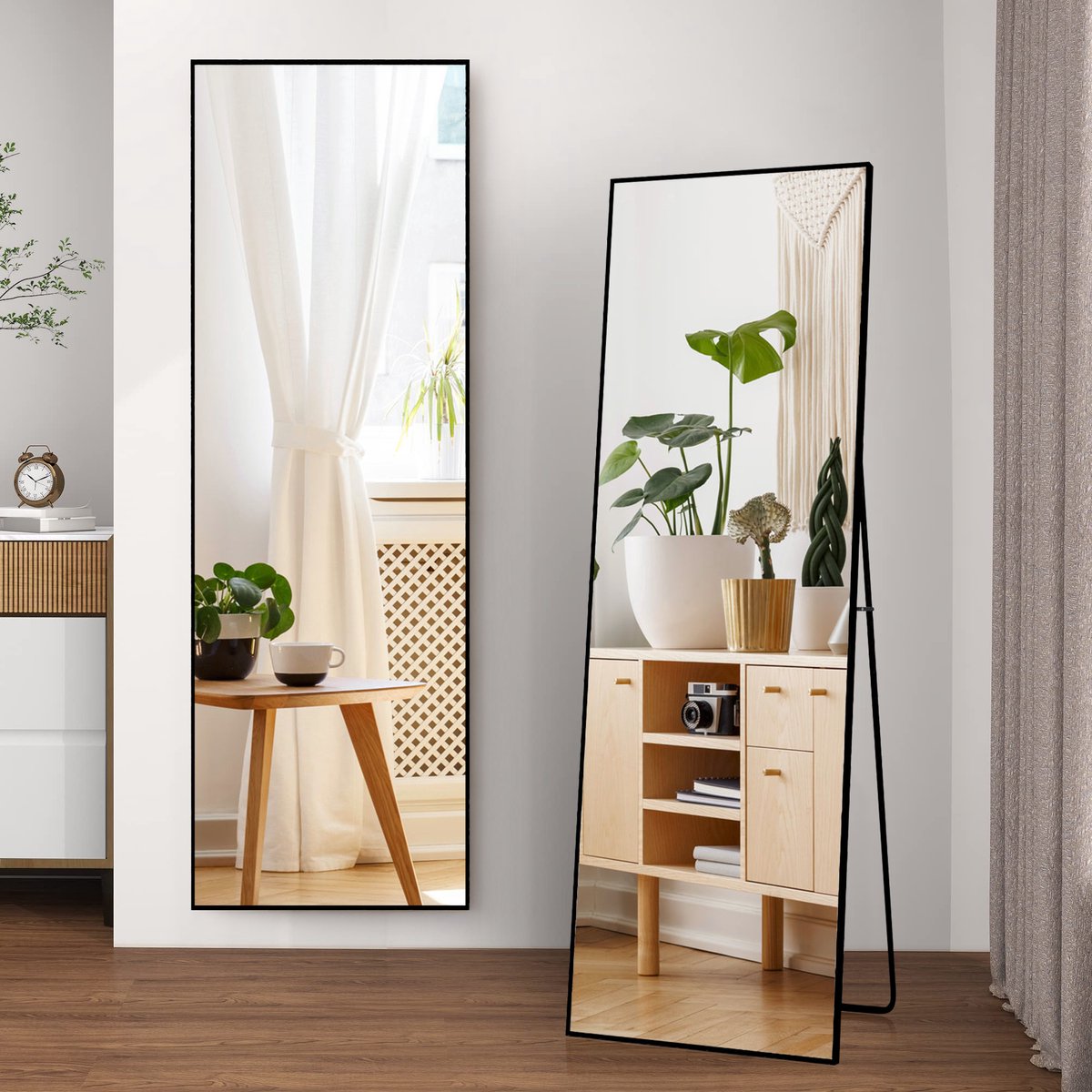 Passpiegel 177x77 cm - Grote wandspiegel met multifunctionele aluminium lijst (hangend/zittend/staand), Passpiegel voor badkamer, slaapkamer, hal of woonkamer, Zwart Rechthoek