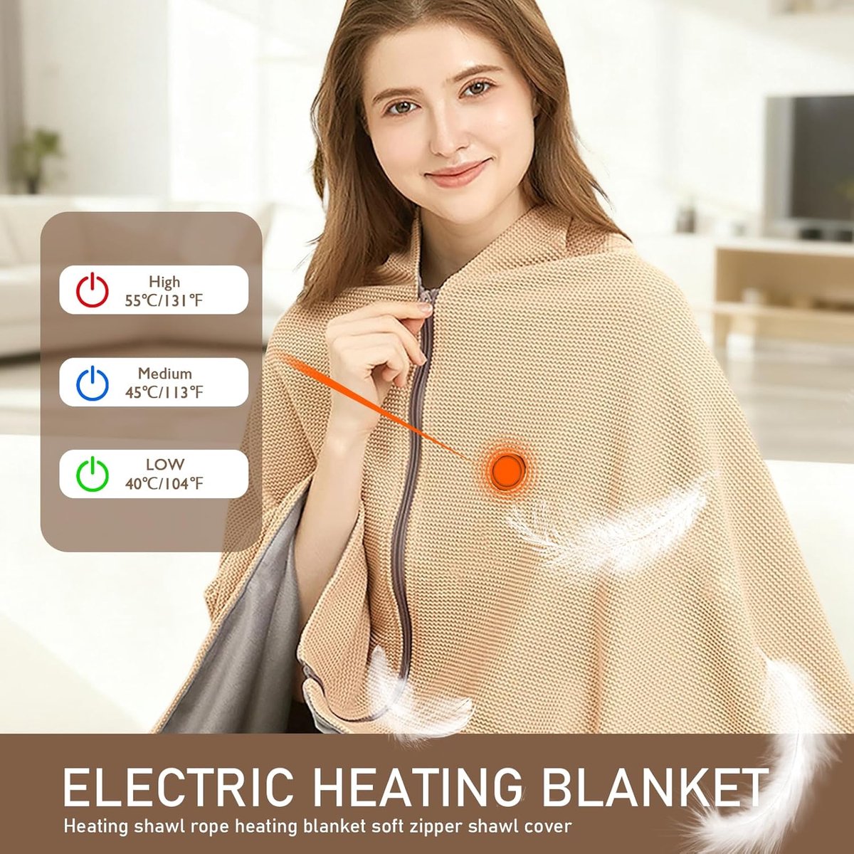 Elektrische deken - 150x80cm - Oplaadbare elektrische deken - Verwarmde deken - USB-aangedreven winterdeken - Draagbare verwarmde omslagdoek - Zachte verwarmde omslagdoek met snoer - Geschikt voor gebruik op kantoor - Beige – foto 7