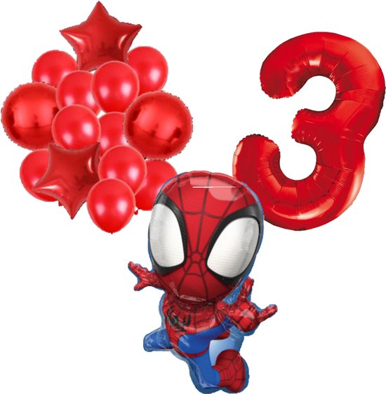 Ensemble de ballons en aluminium rouge avec Spiderman, des étoiles et des ballons rouges, plus un ballon chiffre 3 rouge.