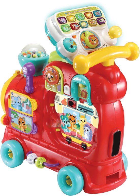 Rode VTech trein met interactief bedieningspaneel bovenop en dieren in de ramen.