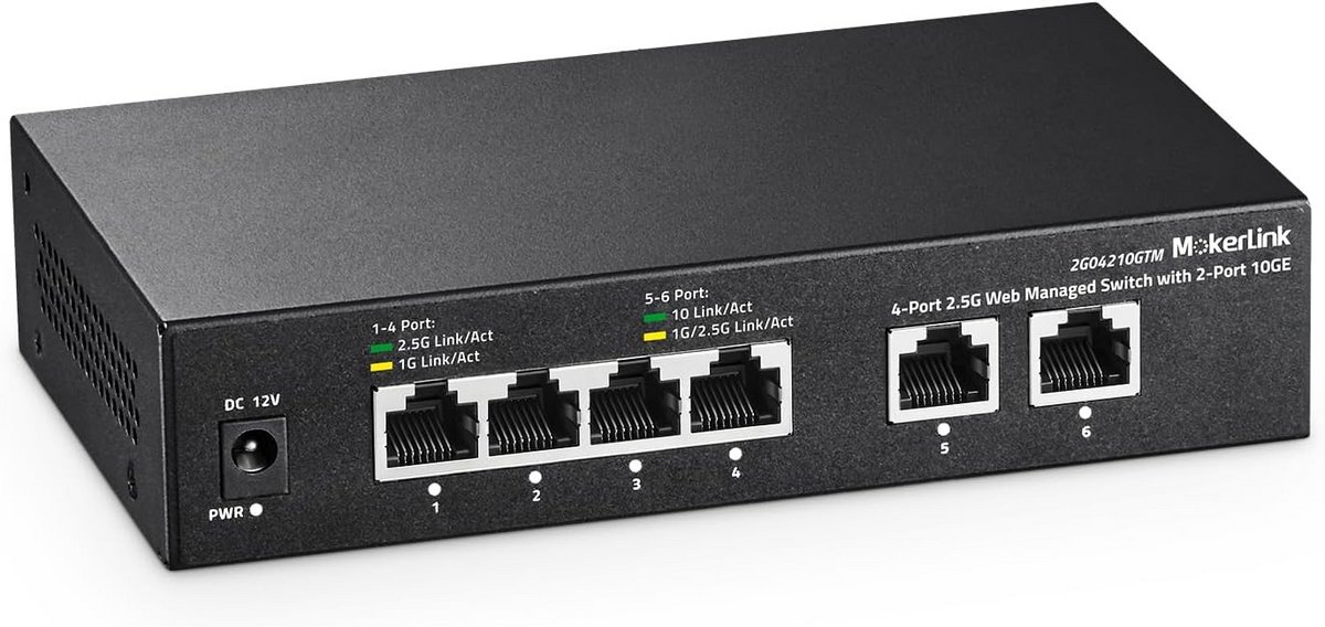 10G Web Managed Switch 4x2.5G 2x10G RJ-45 Poorten LACP VLAN QoS IGMP Fanloos