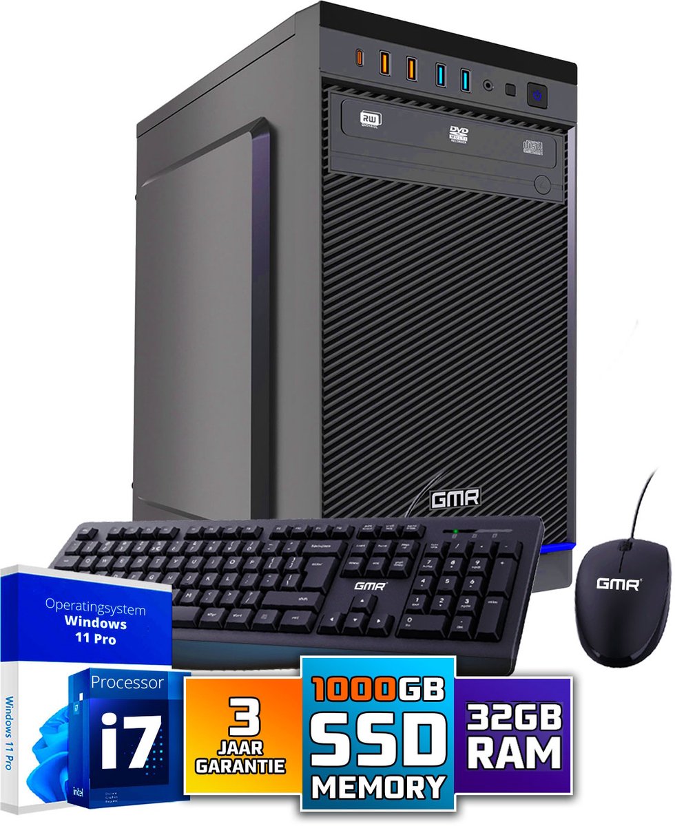 Intel Compleet PC met Core i7 - 32GB RAM - 1000GB SSD - WiFi - Bluetooth - Windows 11 Pro - Inclusief Muis & Toetsenbord
