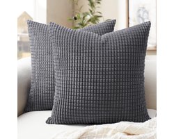 Famanu - Corduroy kussenhoezen 40x40 cm donkergrijs set 2, patroon zacht rib, sierkussens voor sofa kantoor winter herfst