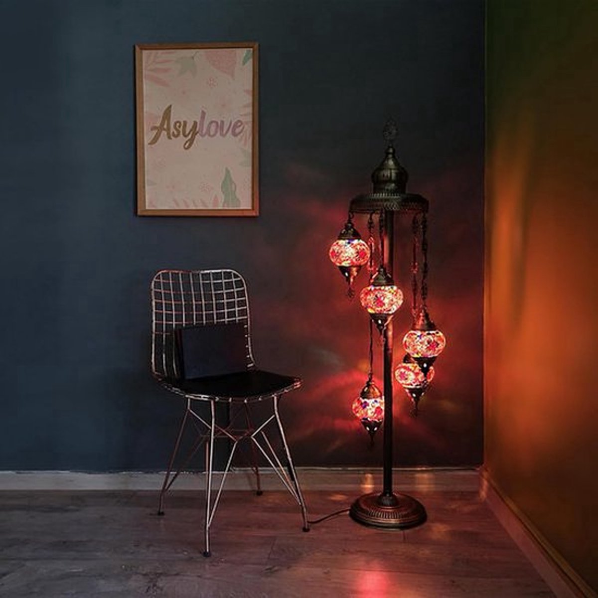 Handmade Turkse lamp - vloerlamp met 5 bollen - mozaïek in rood - unieke decoratie voor sfeervolle verlichting
