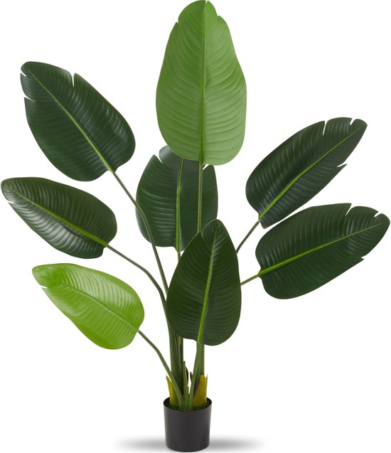 Grote kunstplant met donkergroene, gedetailleerde bladeren in een zwarte pot.