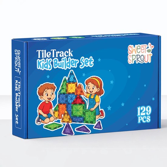 Verpakking van de TileTrack Kids Builder Set van Sweet Sprout, met 129 onderdelen en illustraties van kinderen die bouwen.