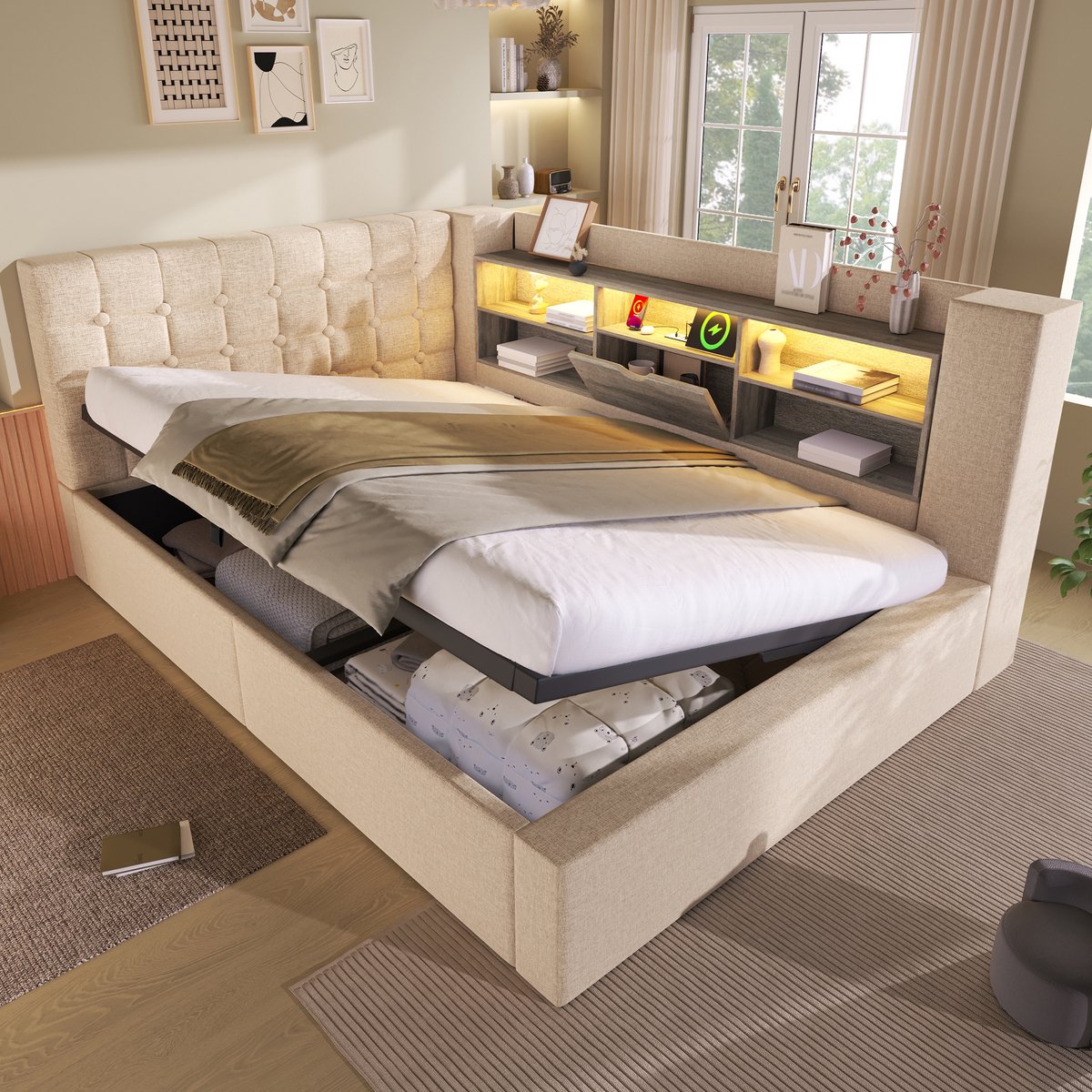 STILVORA Gestoffeerd bed 140x200cm – Tweepersoonsbed Met Hydraulische Opberging & LED – L-vormig Hoofdeinde, Linnen – Beige – Met matras