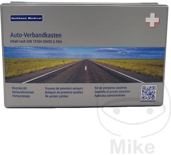 Holthaus Medical auto-verbandskast grijs met witte kruis en tekst "Auto-Verbandskasten".