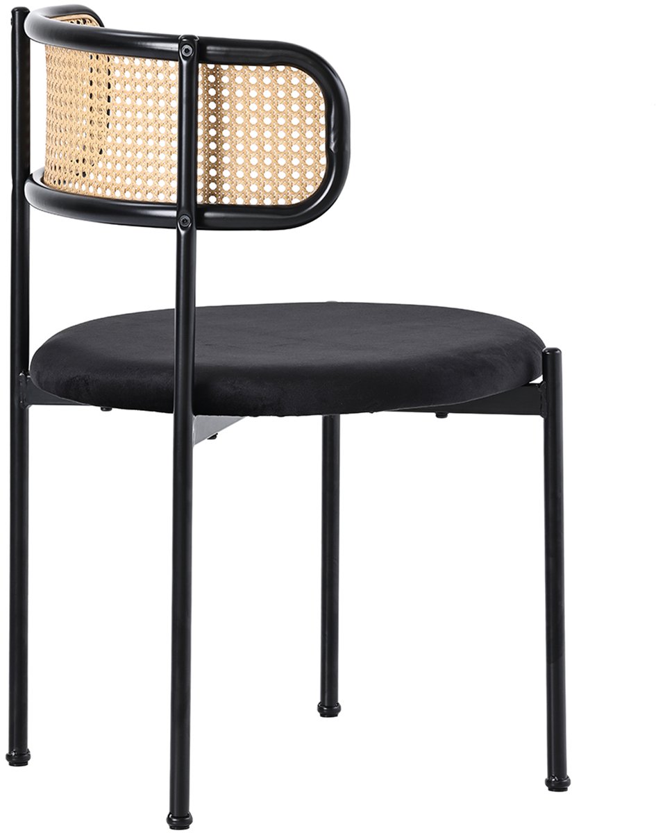 PP Home - Moderne Eetkamerstoelen 4-set - Zwart Fluweel - Rotan Rugleuning - Metalen Frame
