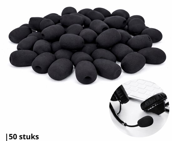 Stapel van 50 zwarte microfoon windkappen, met een close-up van een headset met microfoon.