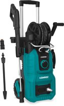 Turkooizen hogedrukreiniger 2400W met opgerolde slang, spuitpistool en accessoires.