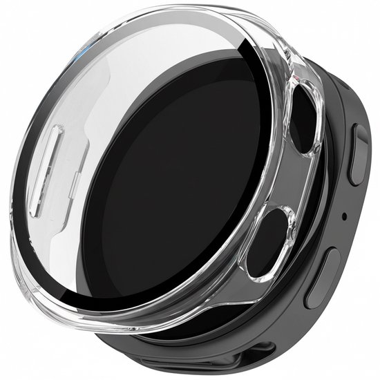 Transparante screenprotector case voor een zwarte smartwatch, met knoppen aan de zijkant.