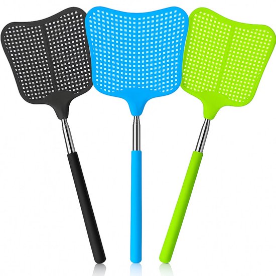 Drie uitschuifbare vliegenmeppers: zwart, blauw en groen.
