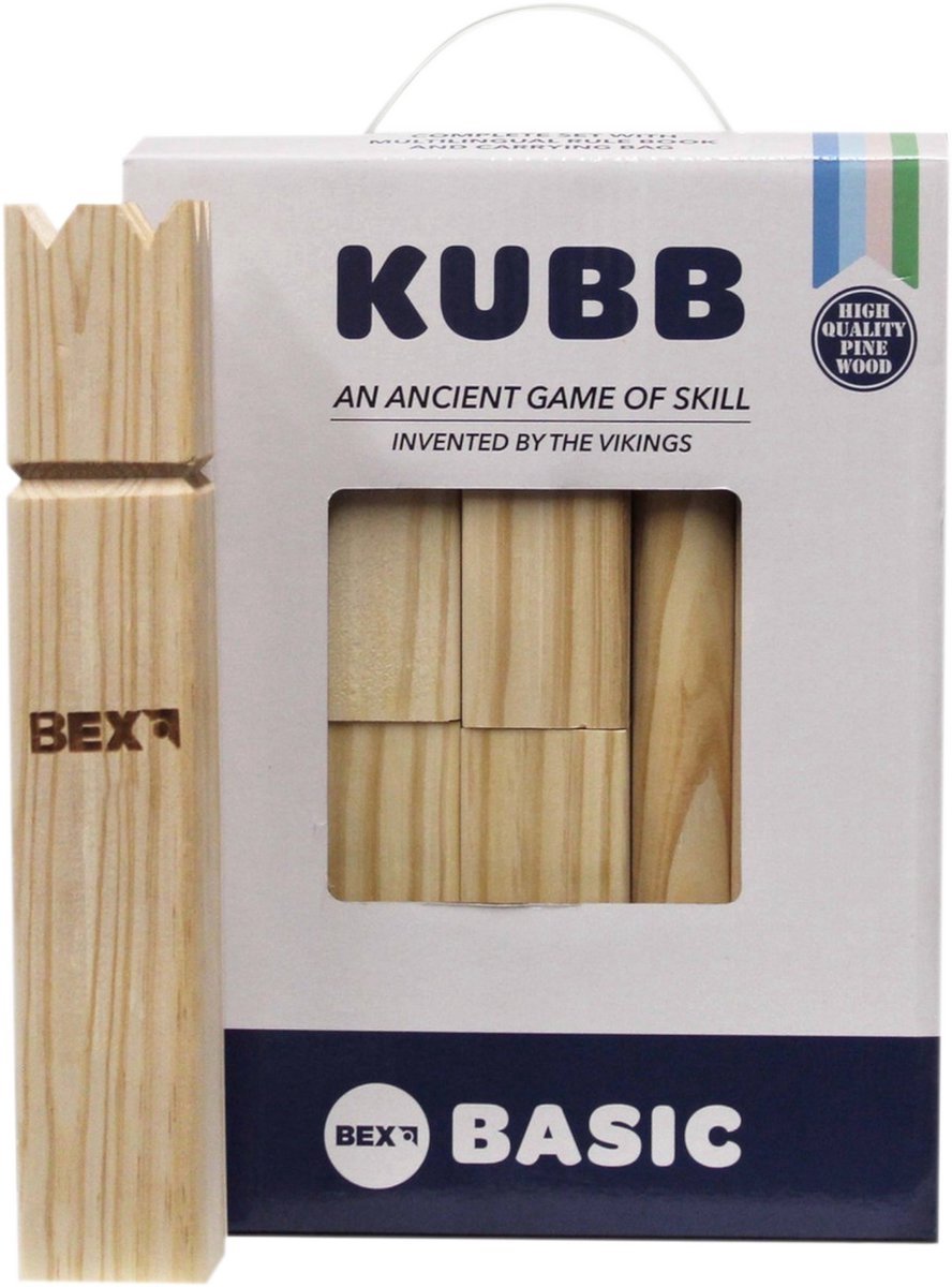 Bex Kubb Basic – Zweeds Vikingschaak – Toegankelijk Buitenspel – FSC Grenenhout – Koning Met Houtkleurige Kroon – Vanaf 8 Jaar – Inclusief Opbergnet Met Trekkoord — afbeelding 12