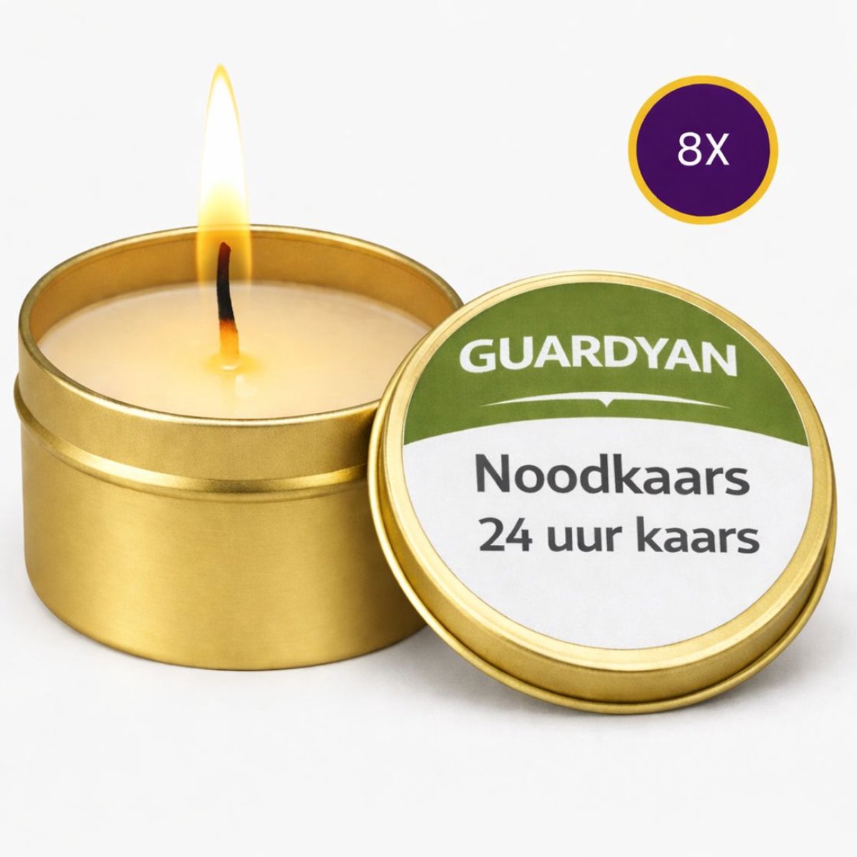 Guardyan® Noodkaarsen Set – 8× 24 Uur Brandduur – 192 Uur Totaal – Voor Noodpakket & Stroomuitval – Wax Kaarsen in Blik