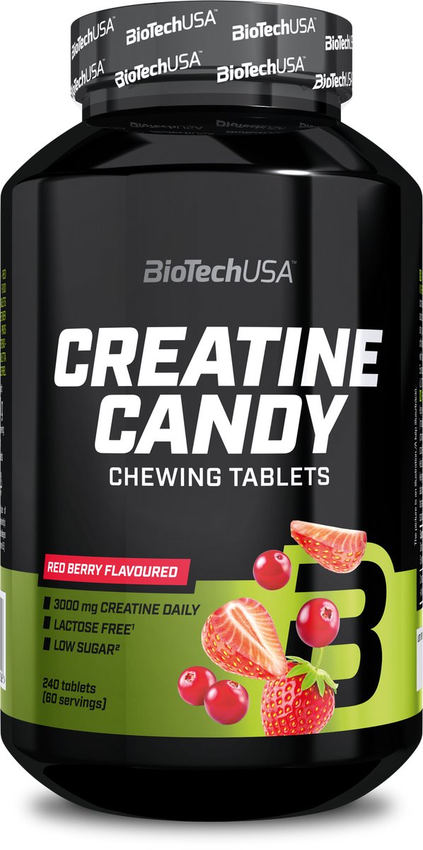 BioTechUSA Creatine Candy | Fruitige kauwtabletten met 3 g gemicroniseerde creatine monohydraat | Spierkracht- en prestatieverbeteraar | Veganistisch, 240 tabletten, Rode Bessen