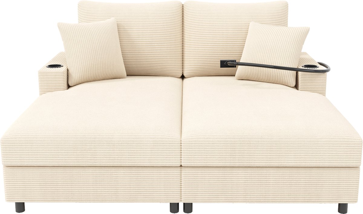 in& out door furniture Dubbel slaapbank met slaaffunctie, gepolsterde ligfunctie, telefoonhouder, USB-aansluiting en drankhouder. Geschikt voor woonkamer, slaapkamer of thuisbioscoop. Beige.
