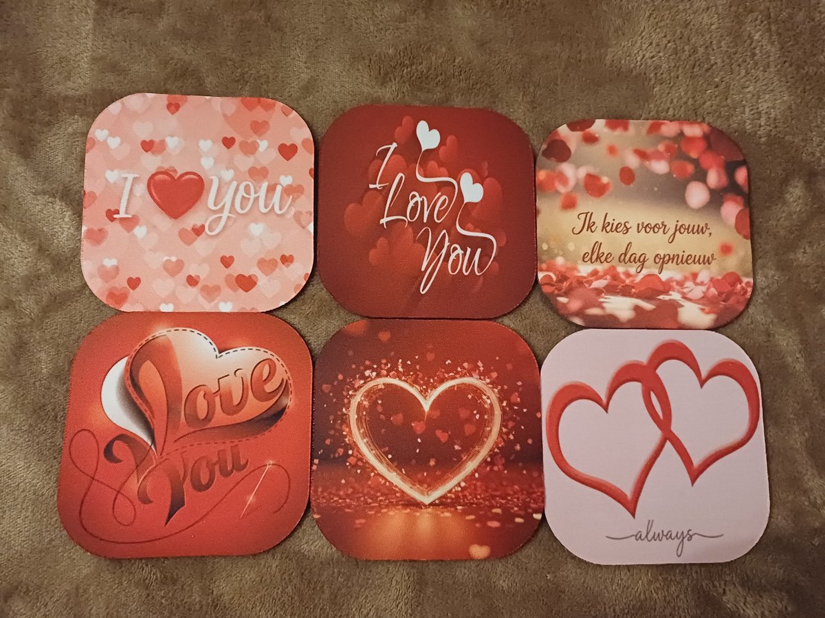 Liefde Onderzetters Set van 6 - Luxe Hartjes & I Love You - Kurk Onderkant