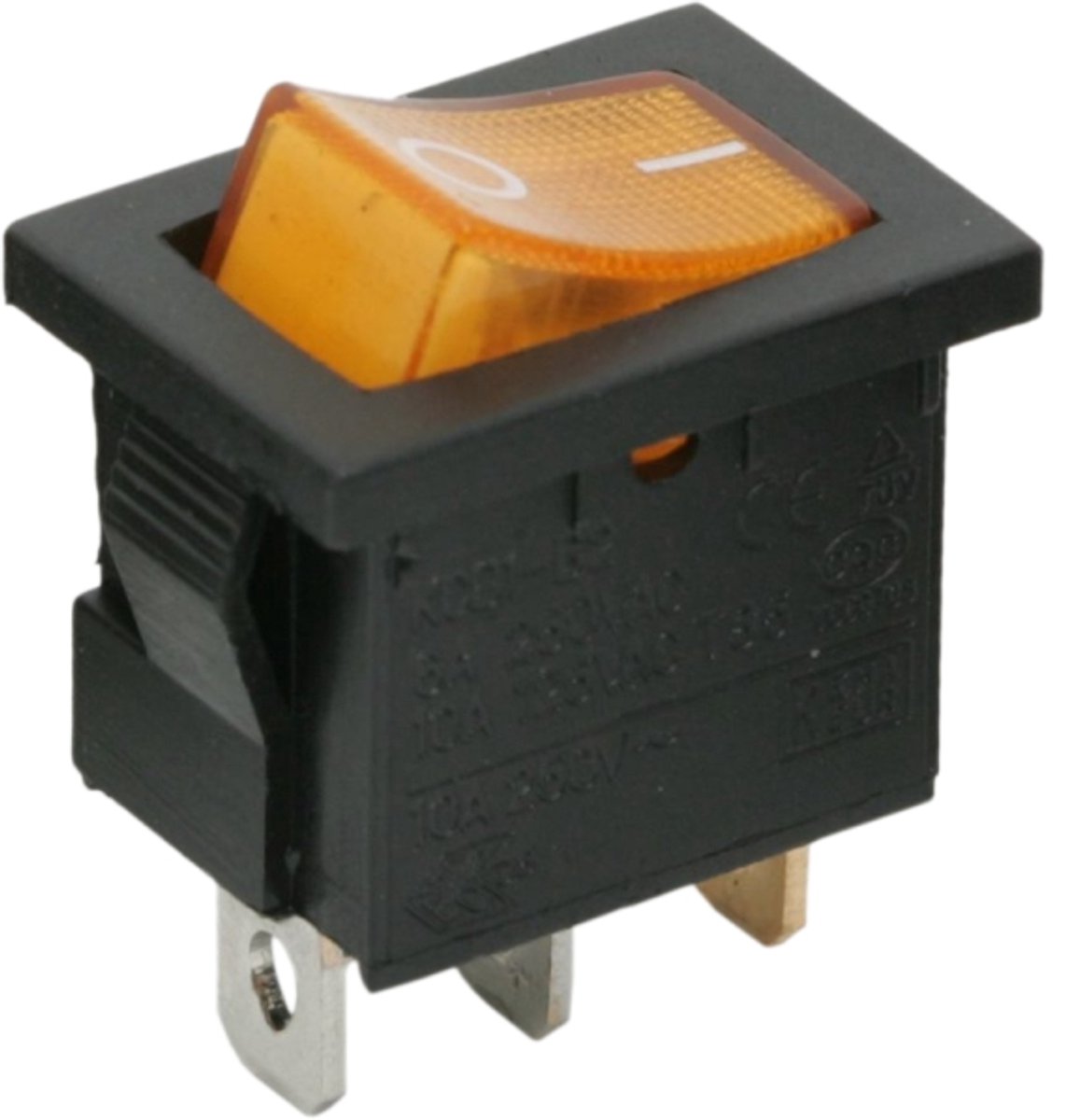 5x Verlichte Tuimelschakelaar Zwart Met Gele LED – Inbouw Rocker Switch OFF/ON 250V 6A – Enkelpolige SPST Schakelaar Met I-O Symbool – Voor Elektrische Apparatuur En Besturingspanelen – Verkoopeenheid 5 Stuks [09019SA]