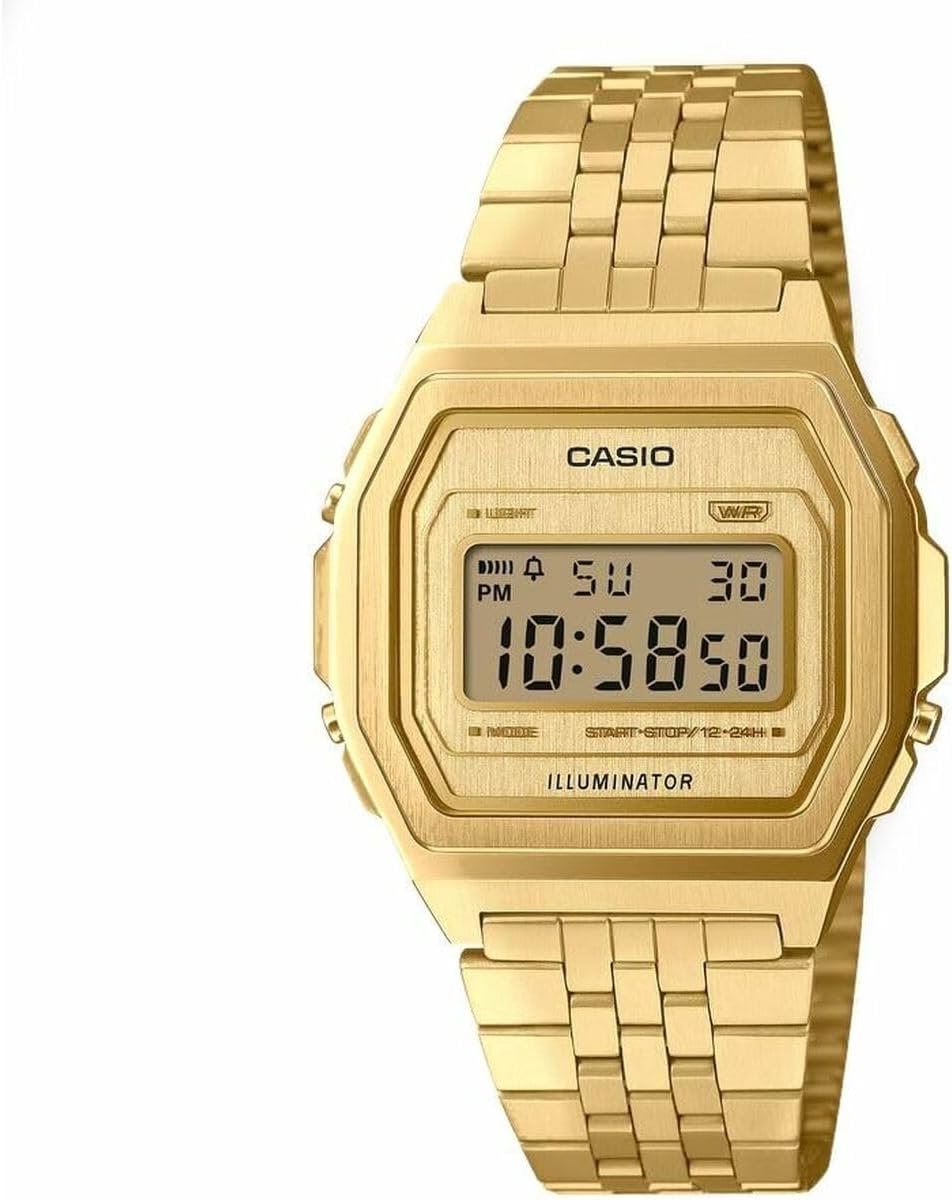 Gouden Unisex Horloge met Roestvrijstalen Band en Vouwsluiting, Digitale Weergave en Kalenderfunctie