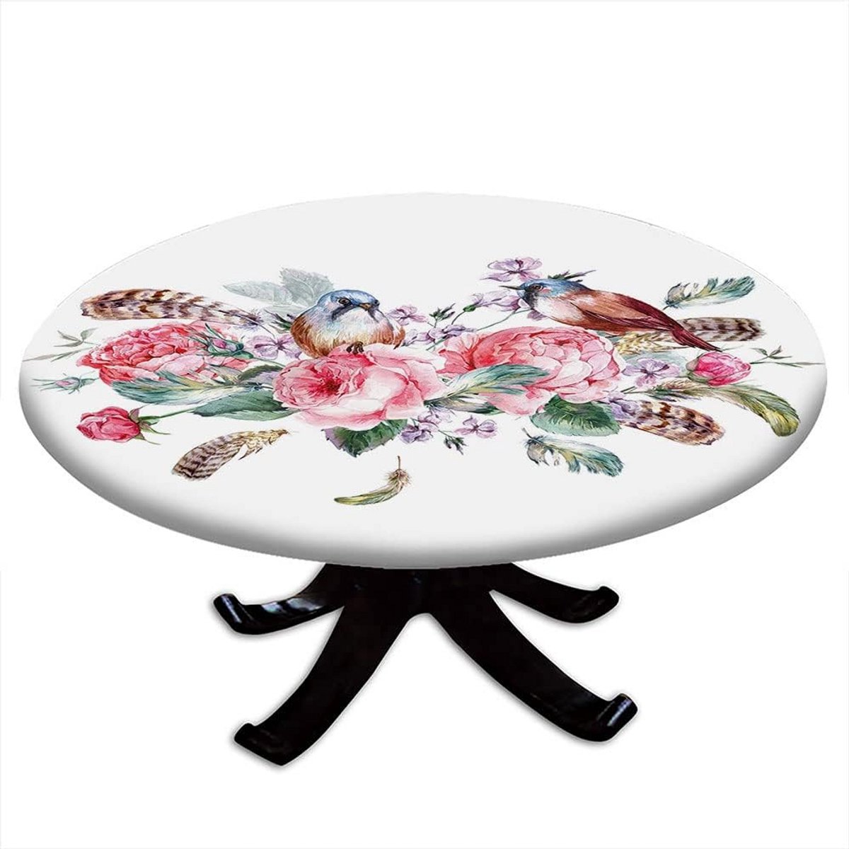 Tafelkleed rond geel met bloementhema voor tafel tot 61 cm, polyester, elastische rand