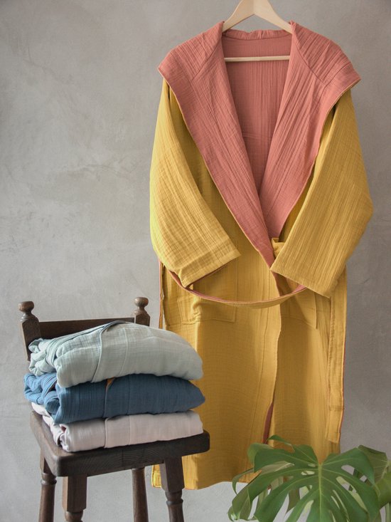 4 laagse Mousseline Badjas - Katoen - Roze&Mosterd