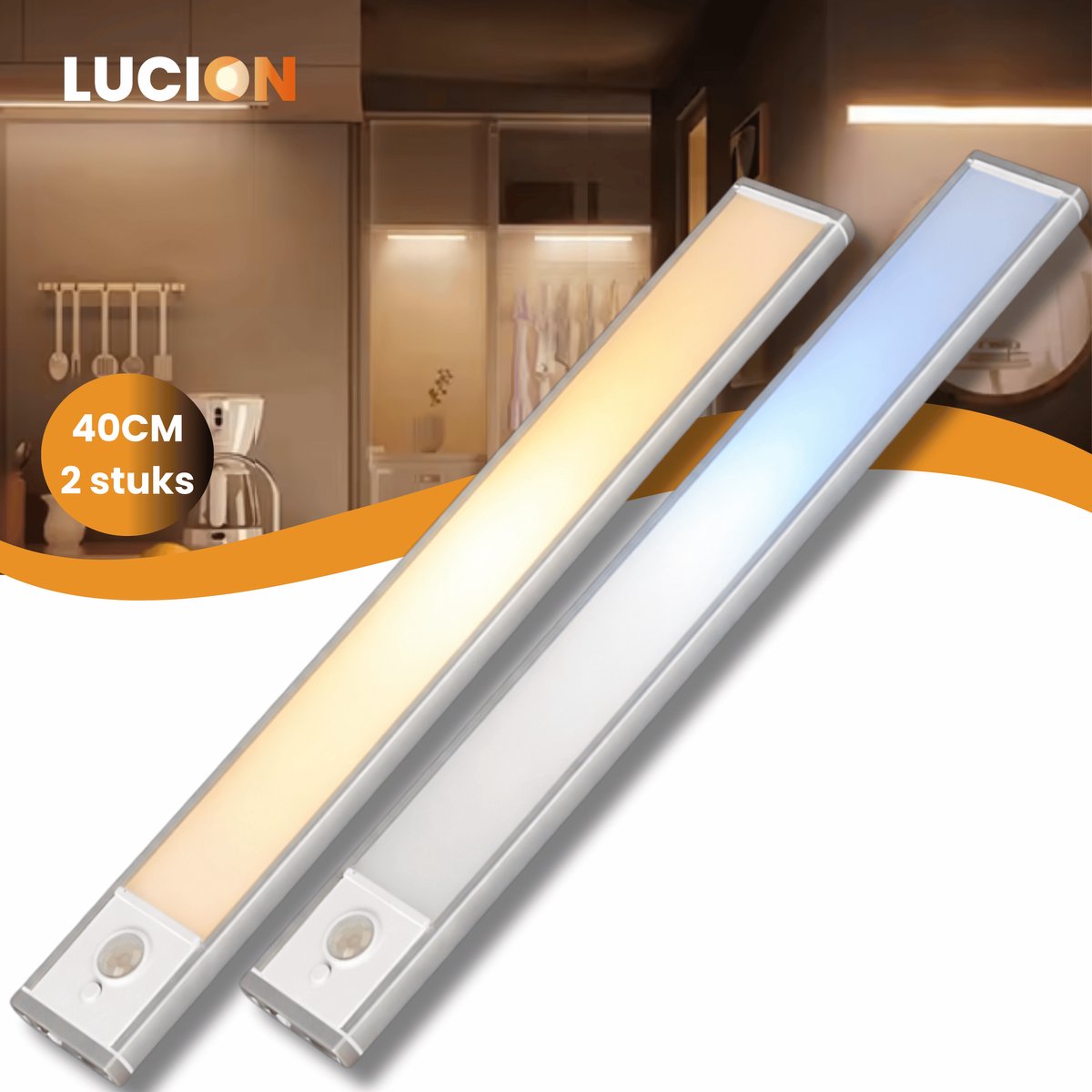 Lucion® Draadloze Kastverlichting met bewegingssensor 2x 40cm - Led balk - Kastverlichting oplaadbaar - Keukenverlichting - Led verlichting - Led Light - Kastverlichting led draadloos - Zilver wit 40cm duo set