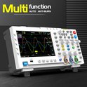 Oscilloscope numérique blanc avec accent gris, l'écran montre deux ondes et le texte 'Multi function'.