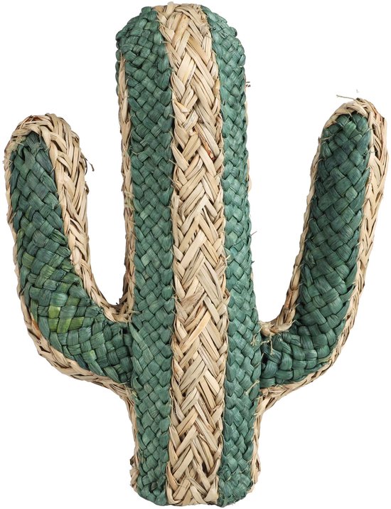 Gevlochten cactusdecoratie in groen en beige maïskoord, staand, 29 x 35 cm.