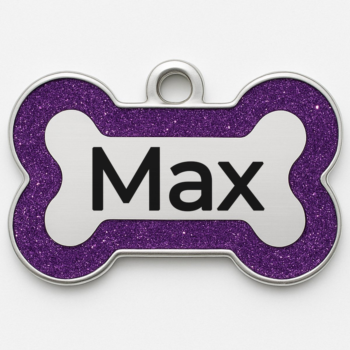 Hondenpenning inclusief graveren - Glitter Paars - Gepersonaliseerd met naam en telefoonnummer - 4cm x 2.5cm - Halsband hond - Hondenriem - Sleutelhanger