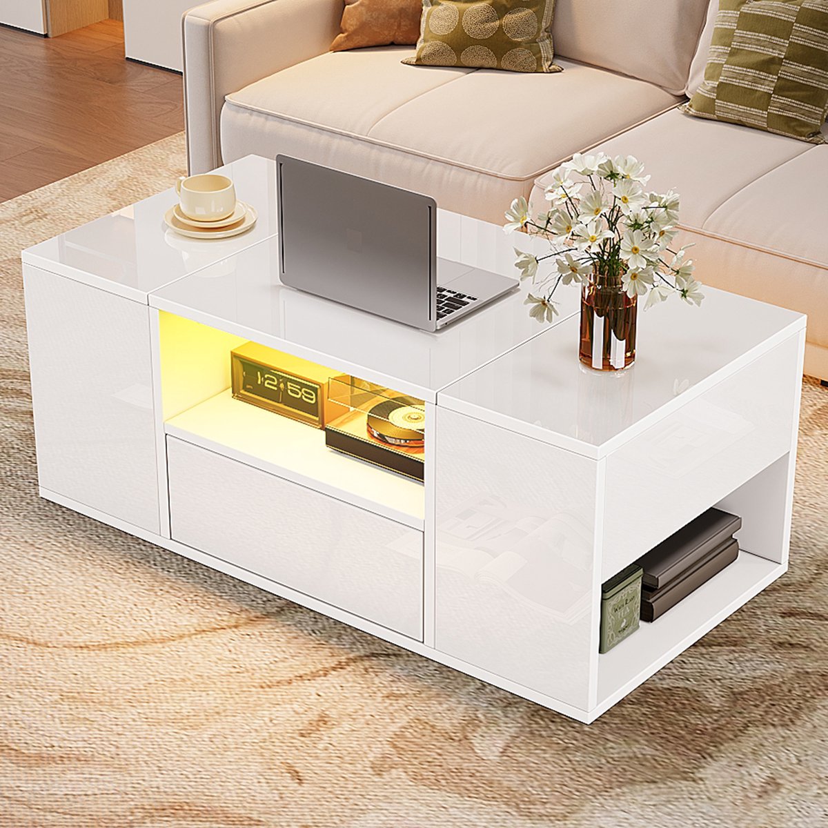 Salontafel - 100 x 50 x 40 cm - 1 Lade en 2 Opbergruimtes - LED Lichtbalken - Witte Hoogglans Beistelltisch