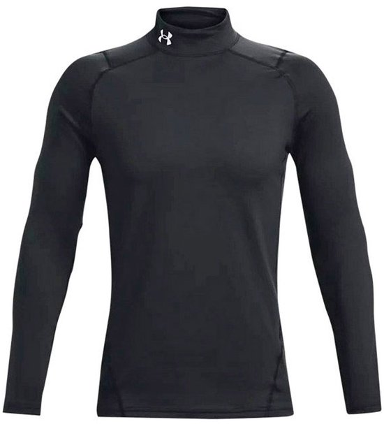 Zwarte Under Armour sporttrui met lange mouwen, opstaande kraag en logo op de borst.