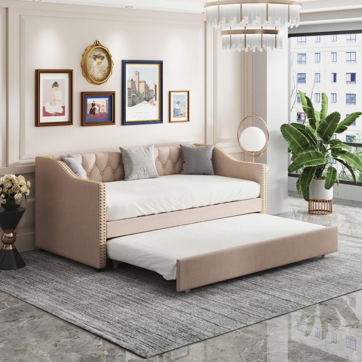 90 × 200 cm Bedbank met Uitschuifbed – Gestoffeerd Linnen Bedframe met Lattenbodem en Armleuningen – Ideaal als Kinderbed of Logeerbed