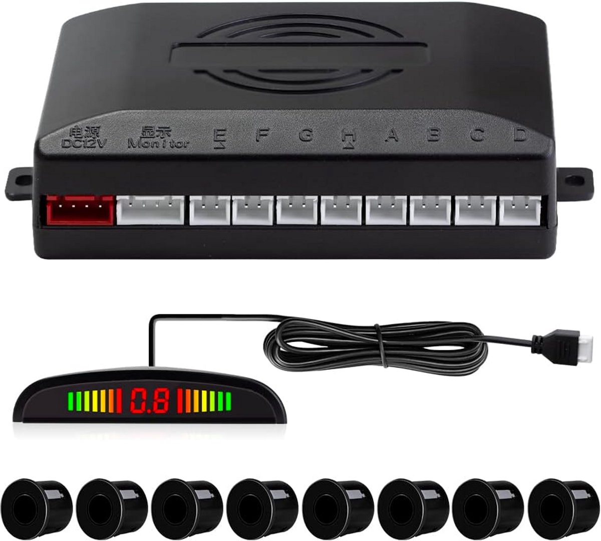 Parkeerhulpmodule met 8 parkeersensoren en LED-display - zwart