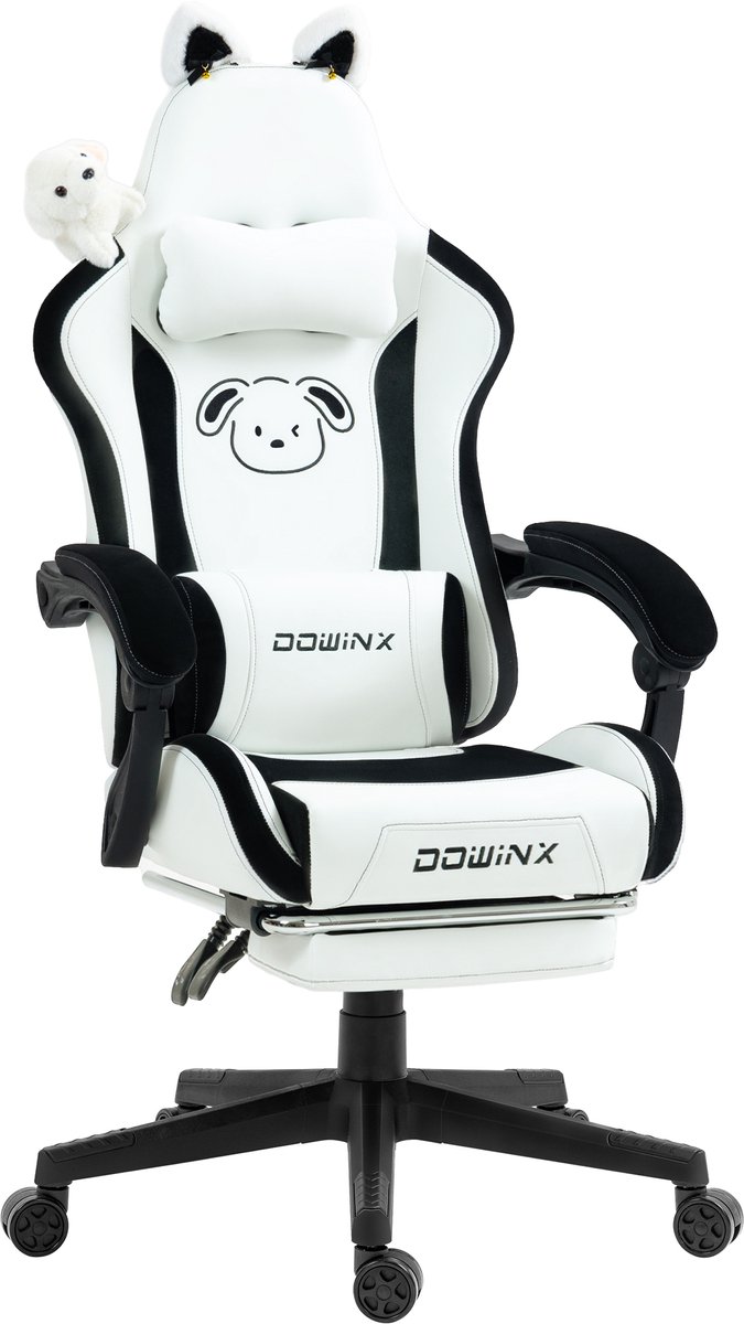 Dowinx Gamingstoel – Schattige Hond Editie – Ergonomische Bureaustoel met Hoge Rugleuning & Lendensteun – PU-leer – Met Voetensteun – Wit